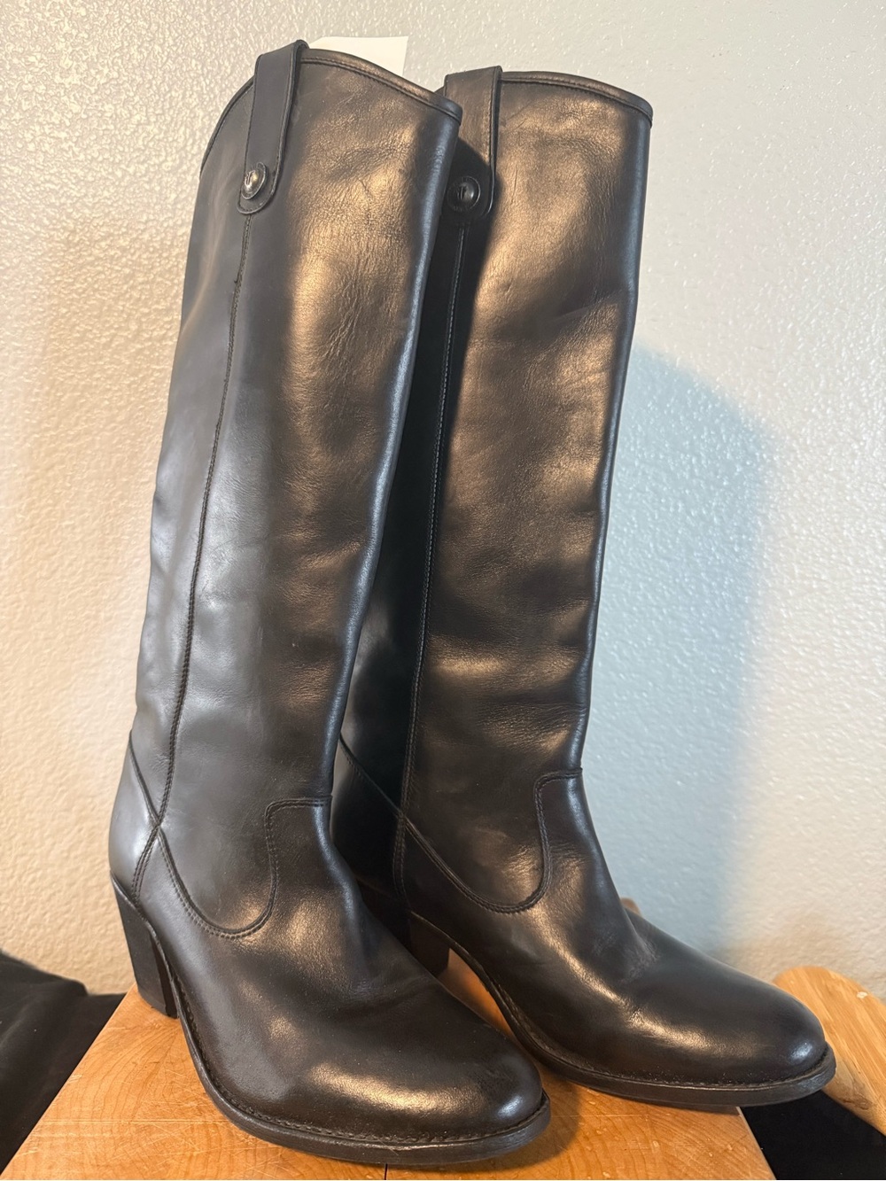 Frye Black Leather Knee-High Heeled Boots